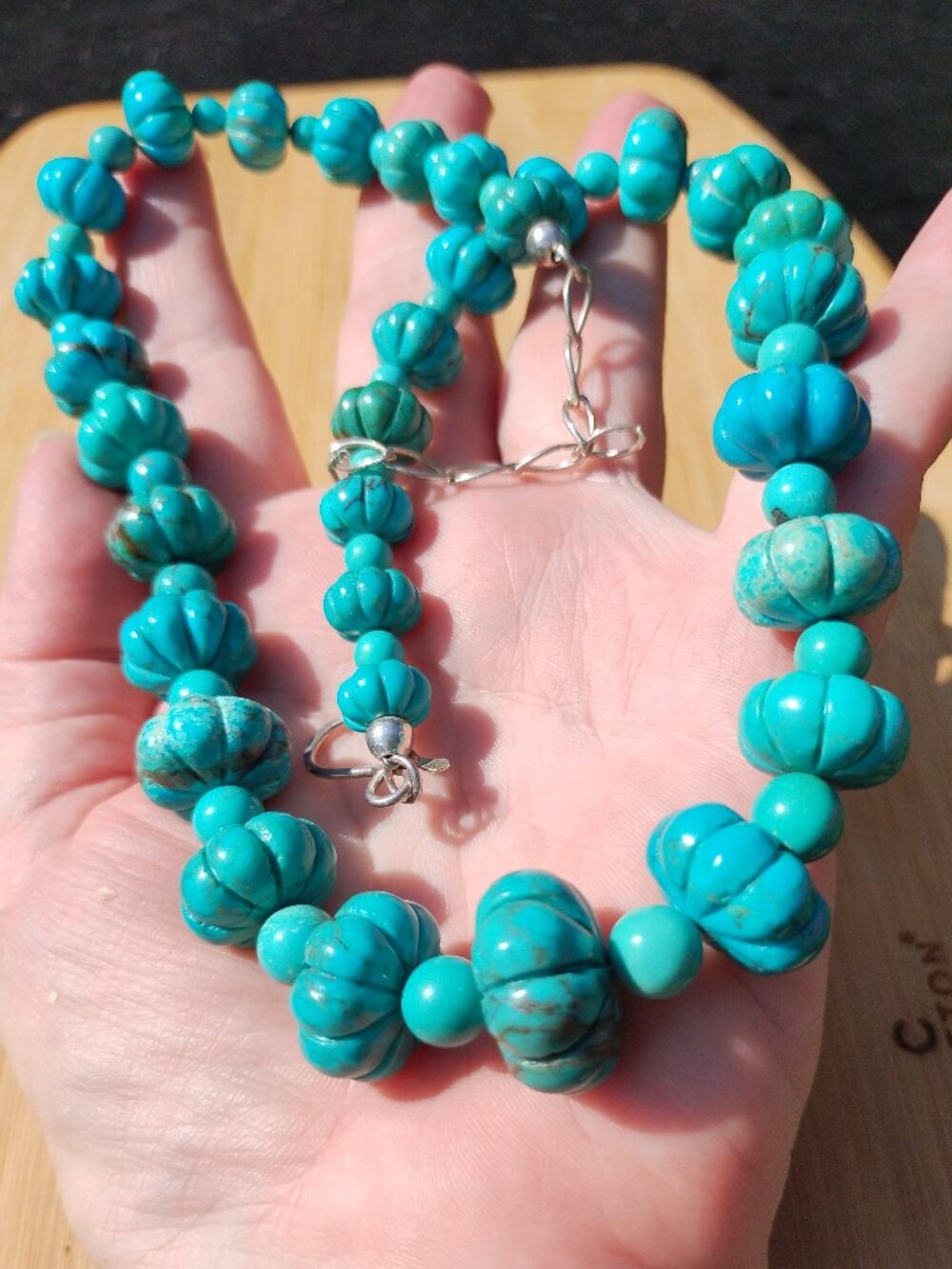 Jay King DTR mine finds blue carved Turquoise necklace925 Sterling Silver Chunky